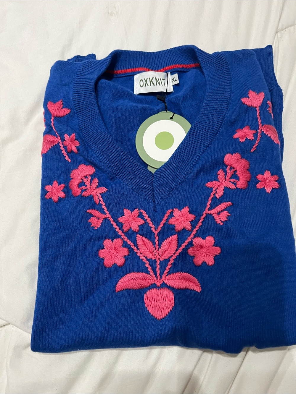 WOMEN'S BLUE 70S FLORAL EMBROIDERY V-NECK KNIT T-SHIRT